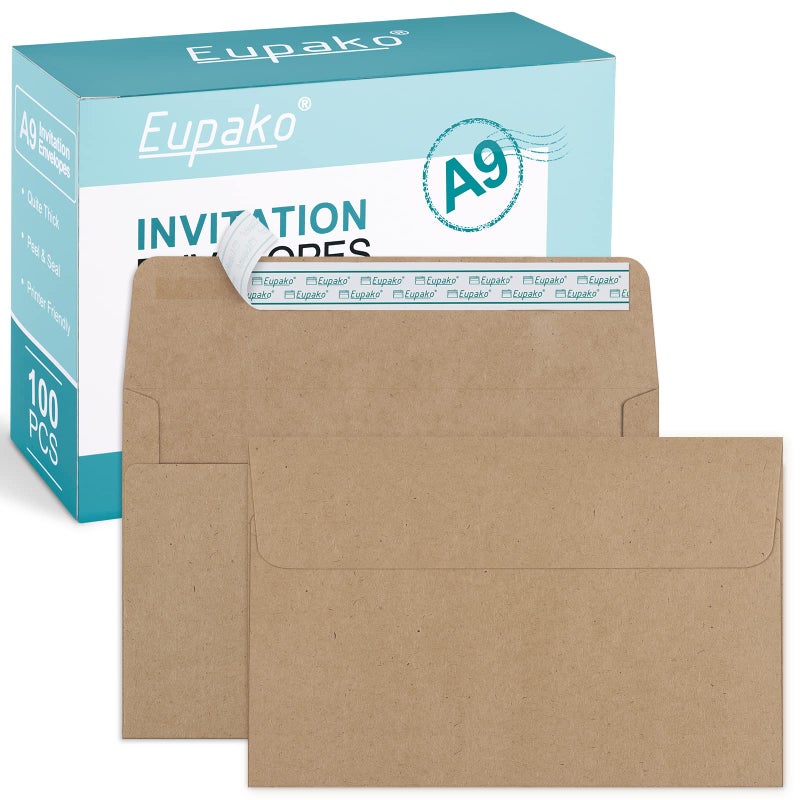 Eupako مغلفات Eupako A9 Sefl Seal 100 حزمة مظاريف دعوة بنية للصور، دعوات، إعلانات الزفاف، استحمام الطفل، 5-3/4 × 8-3/4 بوصة - Image 1